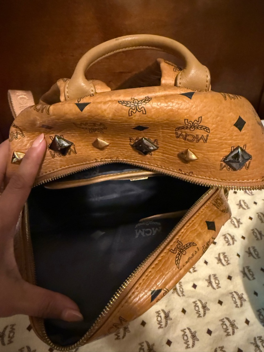 MCM Cognac Visetos Mini Backpack with Gold and Black Studs - Picture 8 of 11